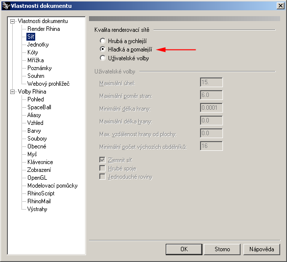 Dialogové okno - Vlastnosti dokumentu - kvalita renderovací sítě
