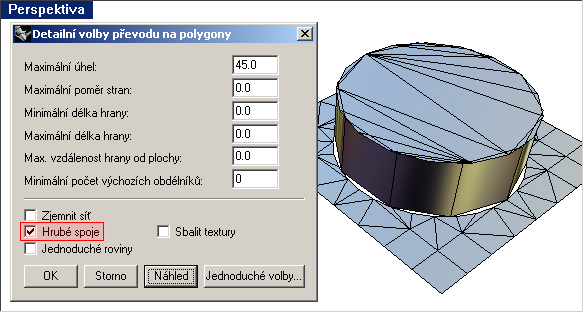 Detailní volby převodu na polygony - hrubé spoje zatrženy