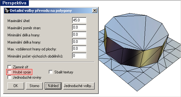 Detailní volby převodu na polygony - hrubé spoje nezatrženy