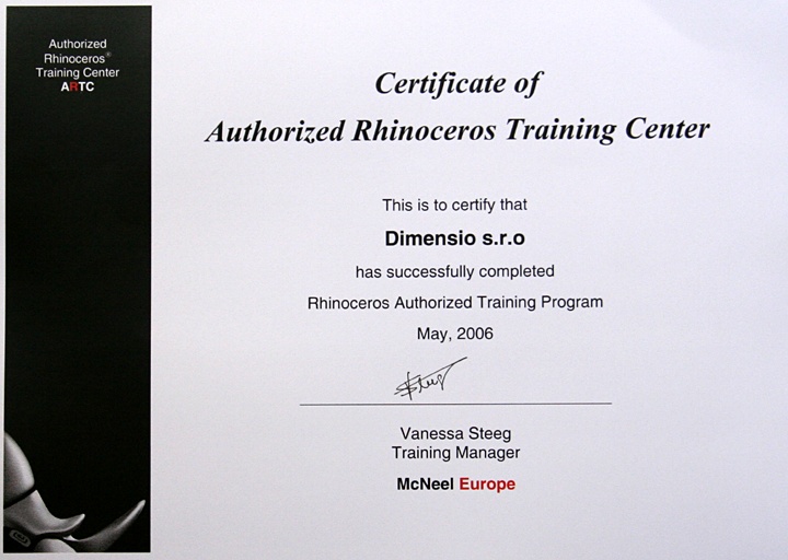Certifikát Rhino ARTC - Dimensio s.r.o.