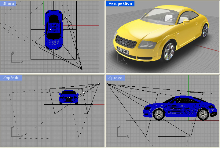 Zobrazení perspektivní kamery v pohledech Rhina