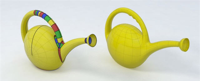 Rozdíl mezi NURBS (vlevo) a T-Splines. NURBS model je složen z plátů, T-Spline je jediná a editovatelná plocha