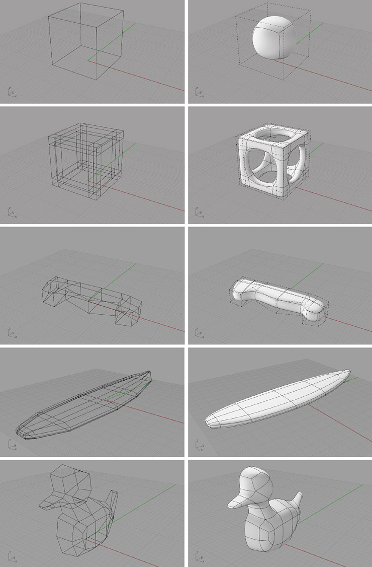 Ukázka T-Spline modelů, vytvořených z klece úseček
