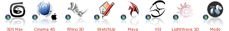 Aplikace podporující Arion - Rhino, MAX, XSI, CketchUp, Cinema, Maya, Lightwave a Modo